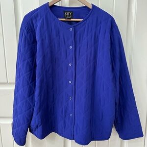 City Silk Vintage Blue Silk Quilted Button Up Jacket sz XL Diamond Pattern